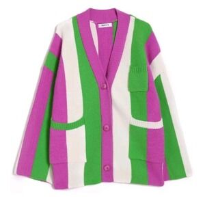 JASCLS Colorblock Cardigan Sz L Purple Green Cream Chunky Knit‎ Retro Style